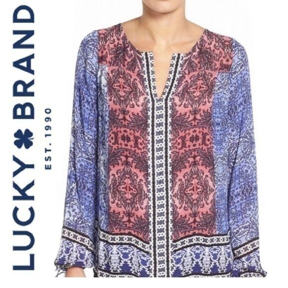 Lucky Brand Blue Red Rayon Long Sleeve Peasant Top size small s - Picture 1 of 9